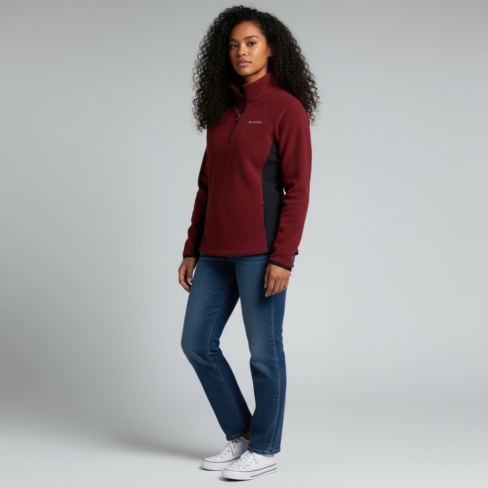 COLUMBIA - SZ MEDIUM - CRANBERRY COLOR - 1/4- or 1/2 ZIP - COLORBLOCK SLEEVES B4 - Picture 2 of 9